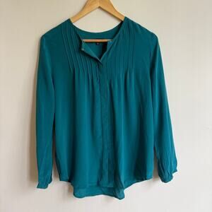 Madewell Teal Silk Pintuck Ballad Blouse Collarless Hidden Button Up Size S